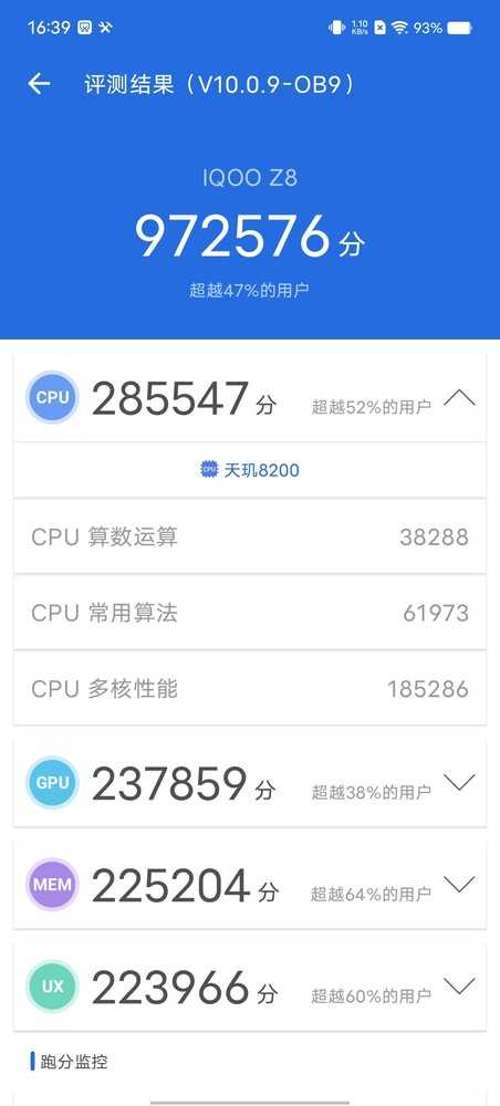 iQOO Z8能够轻松跑出97万分