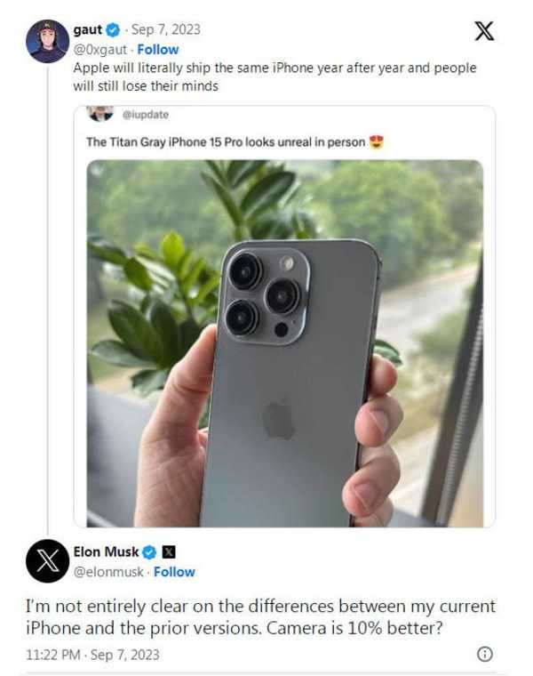 马斯克讽刺苹果iPhone没新意遭果粉回怼：特斯拉也是