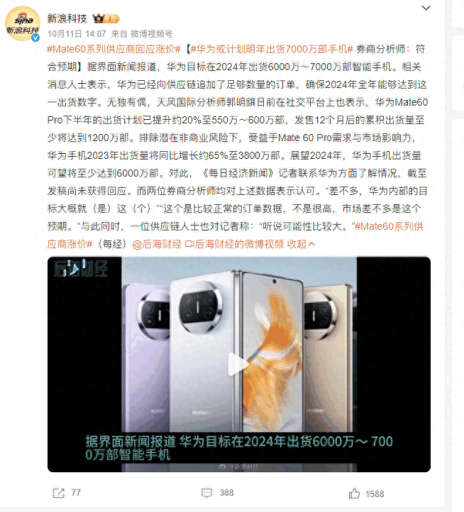 Mate60、P70都火！华为或明年出货7000万部手机，回归市场第一？插图2