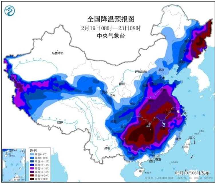 龙年首场寒潮来袭 中东部将有剧烈降温和大范围雨雪天气