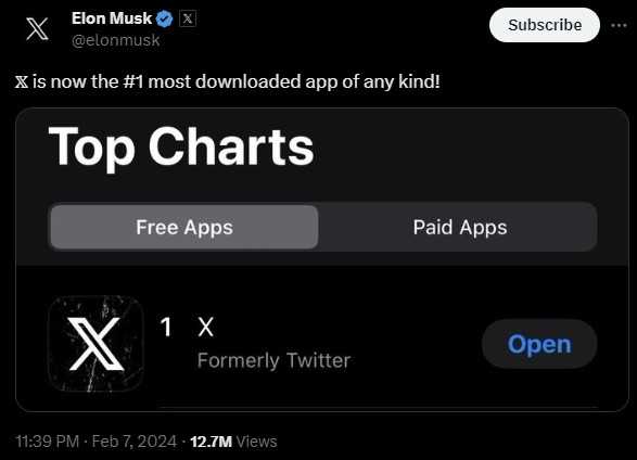 X重回下载量榜首 马斯克开心过年
