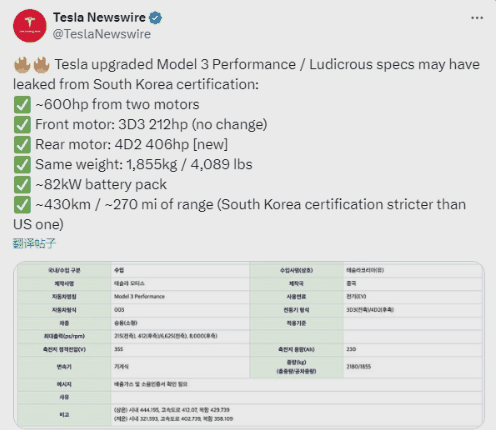 最大马力超600匹！特斯拉全新Model 3高性能版动力参数公布