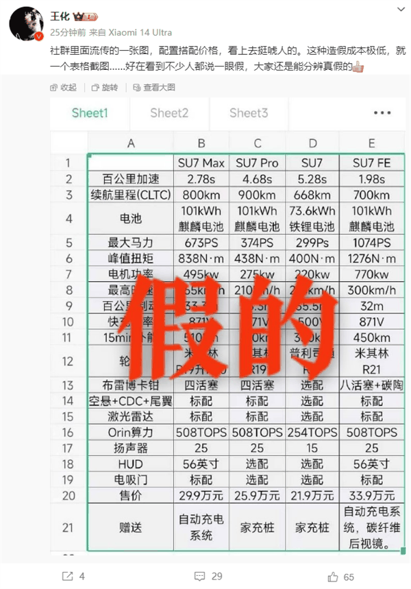 小米SU7配置价格图曝光 官方辟谣：很唬人、一眼假