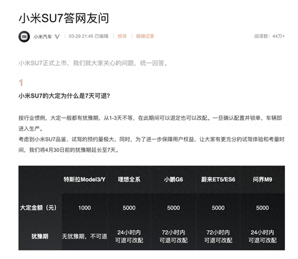 维权平台现多起小米汽车退定投诉！官方再次回应：这下明白没