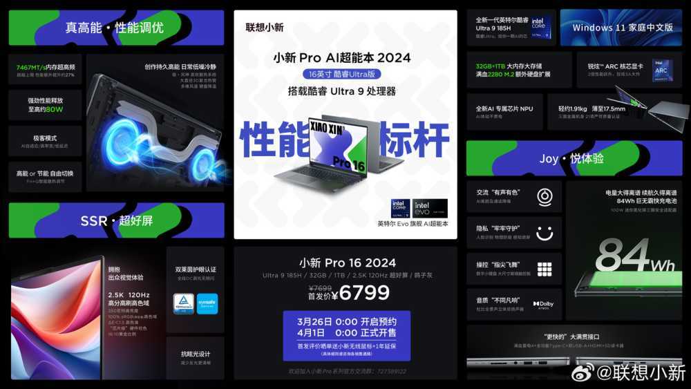 联想小新 Pro 16 2024 酷睿 Ultra 9 版开售：80W 性能释放，首发价 6799 元