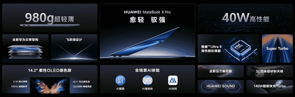 1kg 以内唯一 Ultra 9 笔记本：华为全新 MateBook X Pro 发布，11199 元起