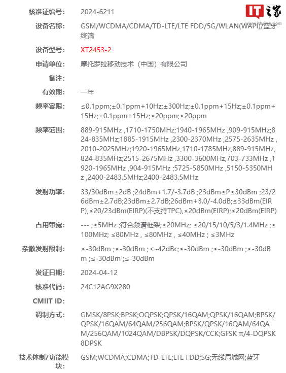 摩托罗拉新机通过无线电认证，预计为 Razr 50 系列折叠屏