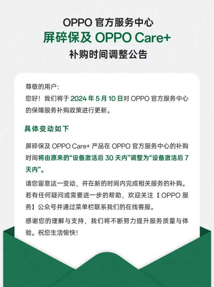 OPPO Care+ 及屏碎保补购时间由 30 天调整为 7 天，5 月 10 日起实施