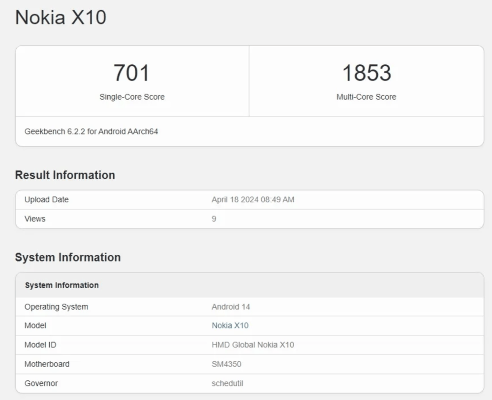 跑分信息显示 HMD Global 正为诺基亚 X10/20 两款手机测试安卓 14 更新