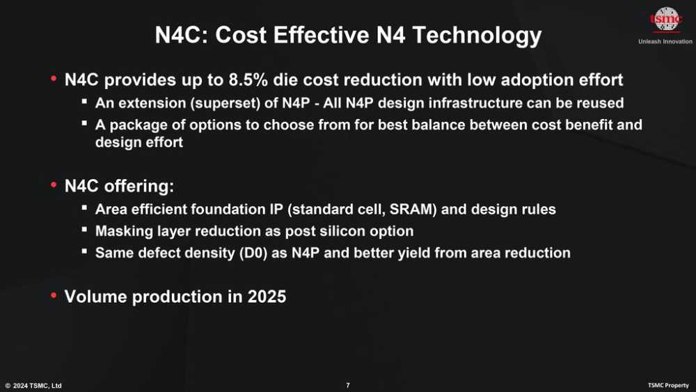 台积电计划 2025 年推出 N4C 工艺，相比 N4P 成本最高降幅 8.5%