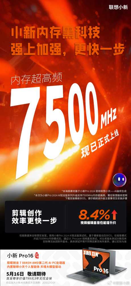 联想小新 Pro 2024 锐龙版 OTA 升级支持 7500MHz 内存，核显性能大幅提升