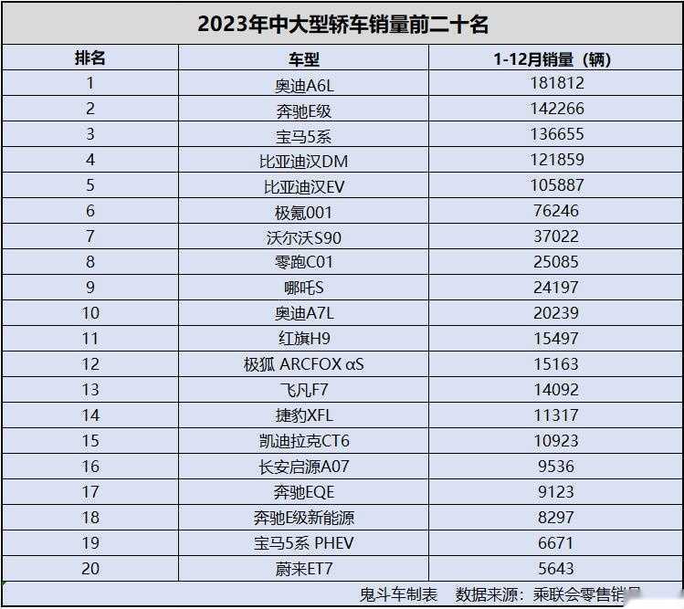 2023年中大型车销量榜单 仅5款过十万 国产新能源很能打