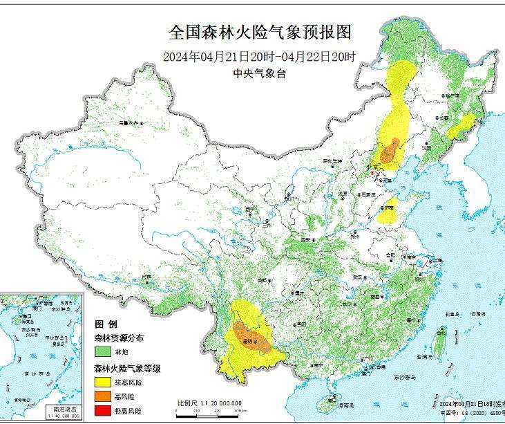 2024年4月22日森林火险气象预报：内蒙古辽宁云南中北部的局部地区森林火险气象等级高