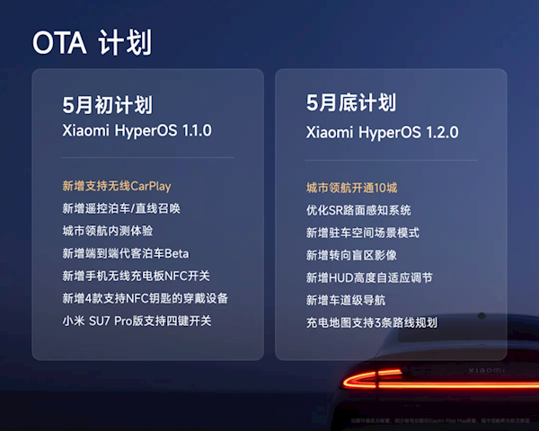 小米SU7计划5月初推送首次OTA：无线CarPlay将上线！iPhone用户最优选