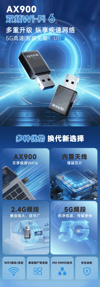 腾达 U11 AX900 双频 Wi-Fi 6 无线网卡上架预约，限时 49.9 元