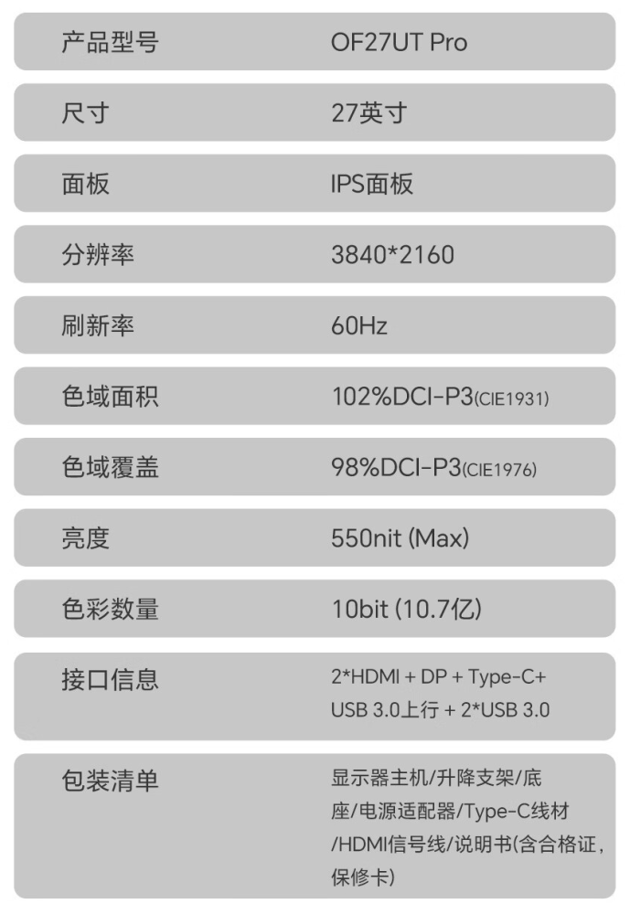 盛色 OF27UT Pro 27 英寸显示器开售：4K 60Hz + 90W PD USB-C，1399 元