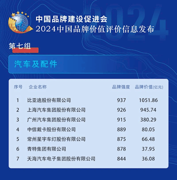 2024中国品牌价值榜发布：比亚迪领跑汽车及配件领域