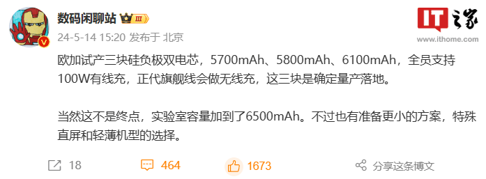 消息称欧加（OPPO、一加）试产三块硅负极双电芯：100W 有线快充，确定量产