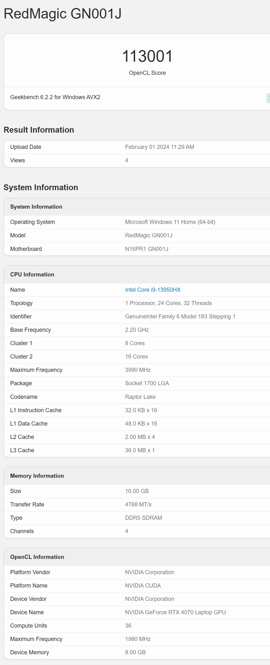 红魔首款电竞游戏本 GN001J 通过多项认证并现身 Geekbench 数据库：i9-13950HX + RTX 4070