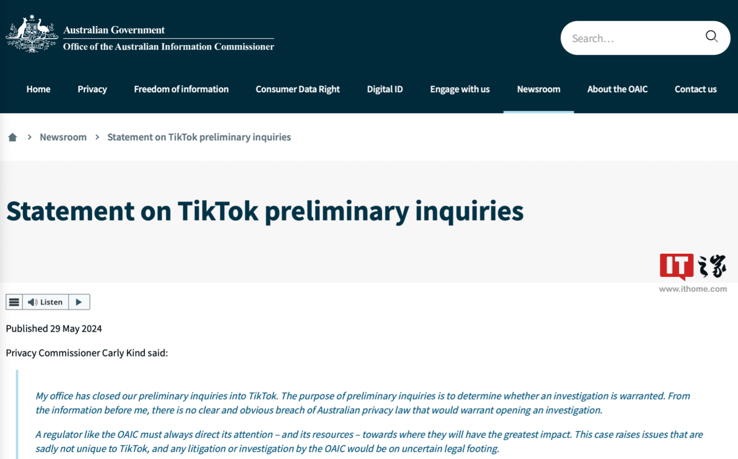 澳大利亚监管机构：TikTok 不存在明显违反隐私法的情形