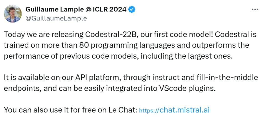 速度秒掉GPT-4o、22B击败Llama 3 70B，Mistral AI开放首个代码模型
