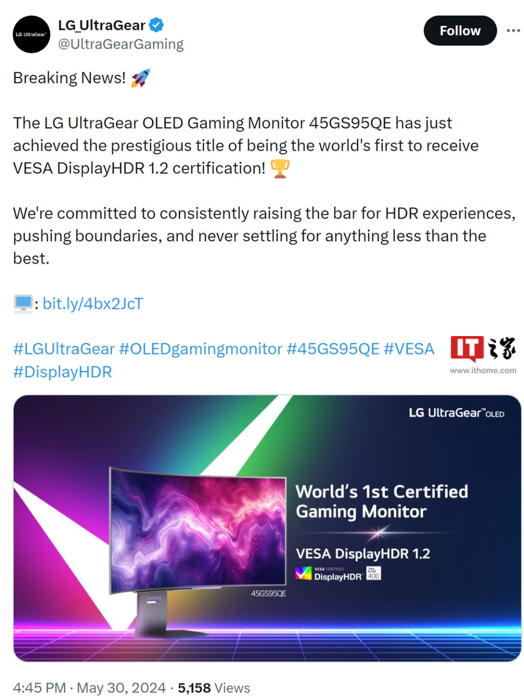 满足更严苛要求，LG 45GS95QE 显示器率先通过 VESA DisplayHDR 1.2 认证