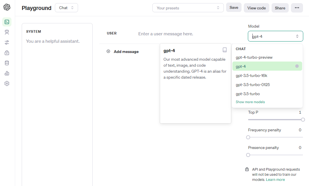 OpenAI playground GPT4 权限查看