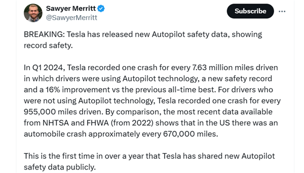 特斯拉自夸其AutoPilot辅助系统比手动驾驶更“稳” 事故率更低