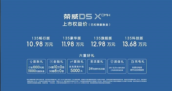 限时10.98万起 荣威D5X DMH上市：入门就带“T”、能跑1300km