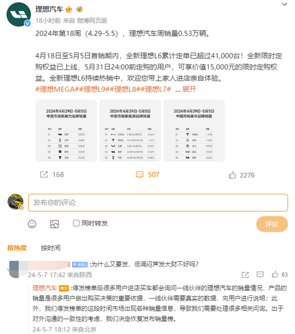 理想汽车回应为何重新发榜：出于对外沟通一致性考虑