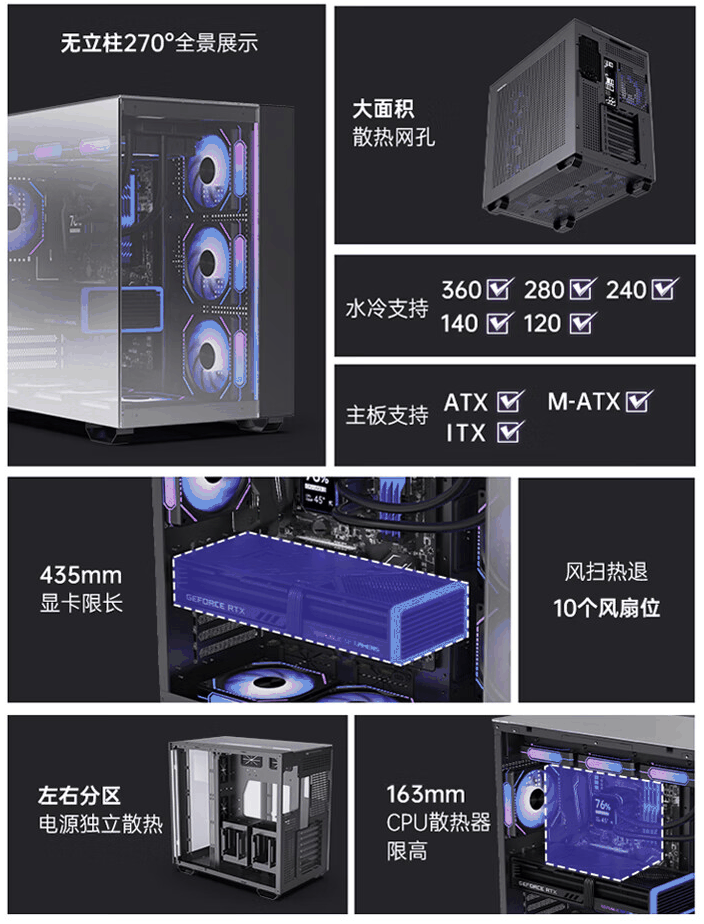 金河田推出“洛圣都 T9 全视版”台式机箱：三镜面玻璃 + 双 360 冷排位，售 379 元