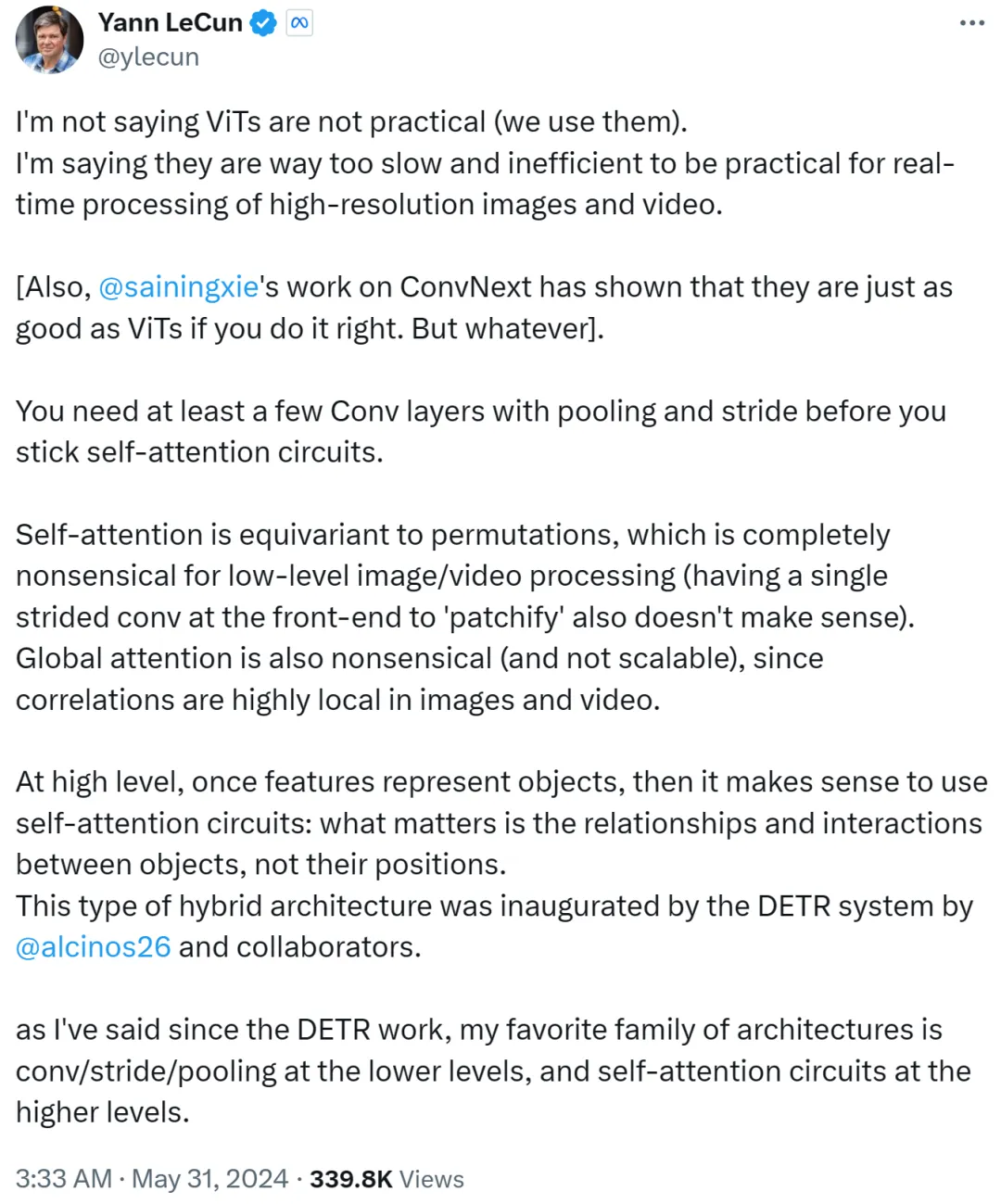 Yann LeCun：ViT慢且效率低，实时图像处理还得看卷积