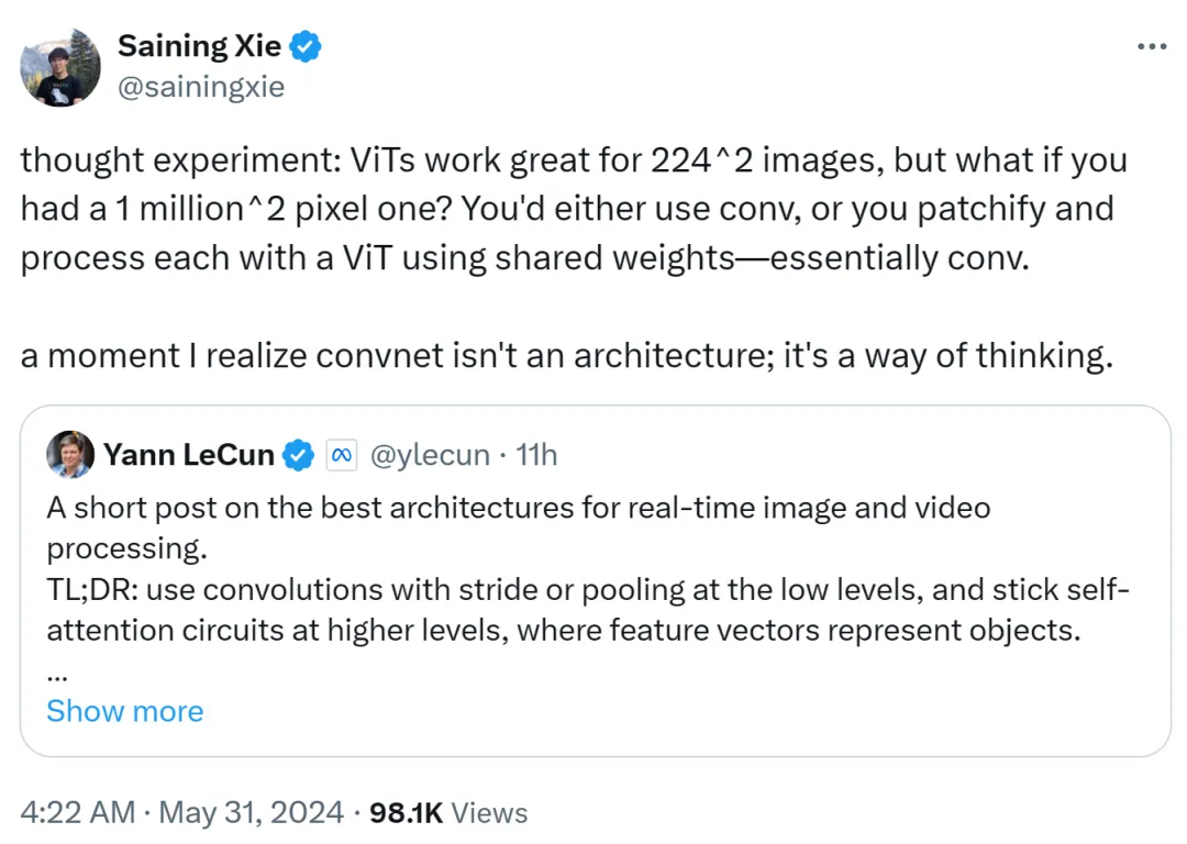 Yann LeCun：ViT慢且效率低，实时图像处理还得看卷积