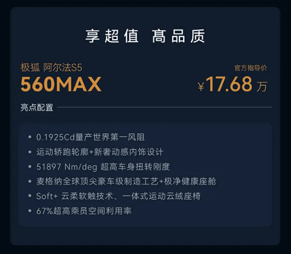 全球量产风阻低过小米SU7 极狐阿尔法S5上市：17.68万起