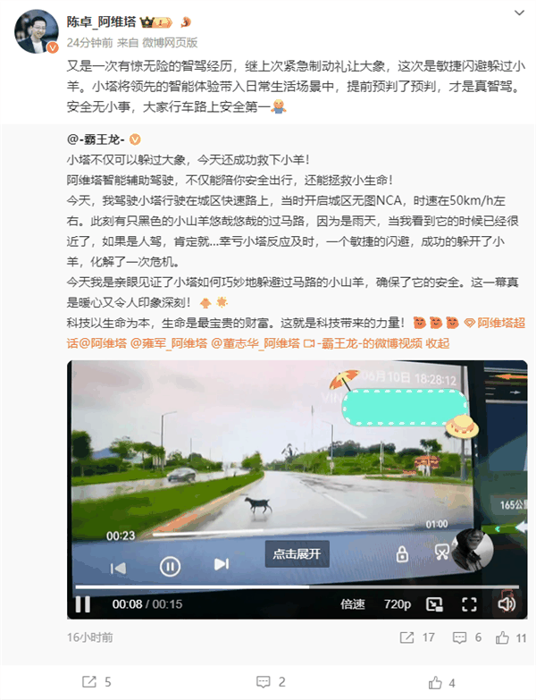 躲大象后又救羊 阿维塔车主雨天开启智驾：华为NCA轻松绕行