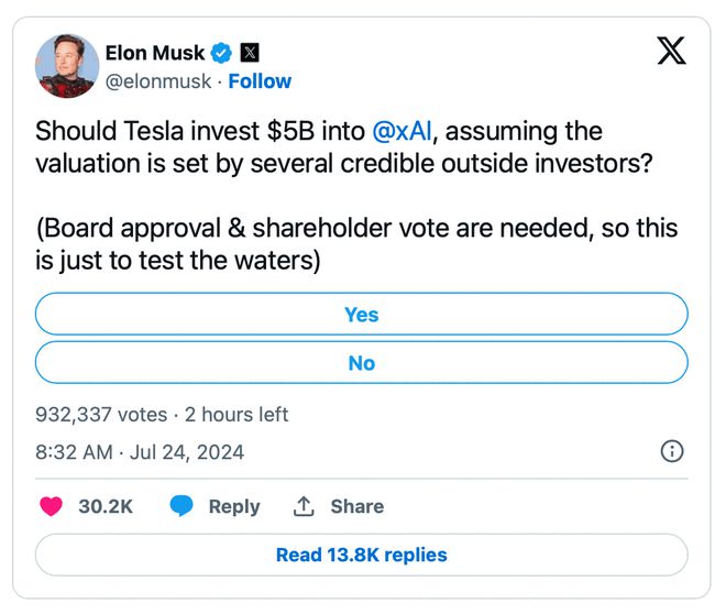 马斯克询问网友：特斯拉向xAI投50亿美元行不行插图
