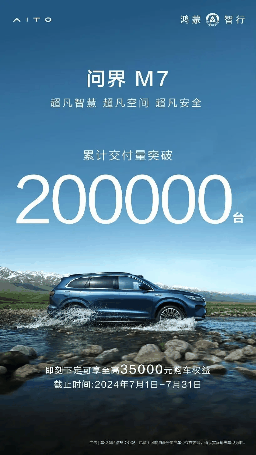 问界m7累计交付破20万台，占问界 40 万台下线的一半