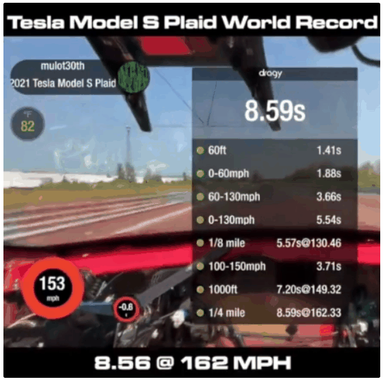 8.56秒！特斯拉model s plaid刷新电动汽车 1/4 英里加速赛纪录