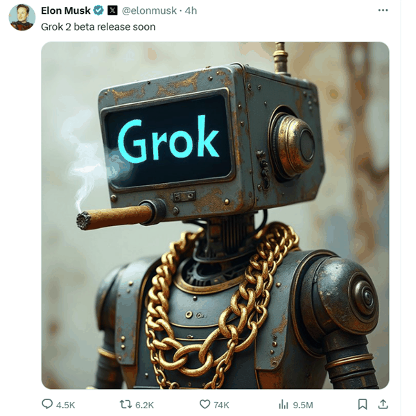 马斯克预告：新一代模型Grok 2的测试版即将上线！