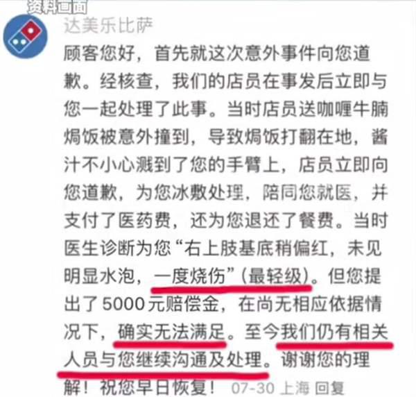 网友吃达美乐被烫成二度烧伤：被迫滞留当地