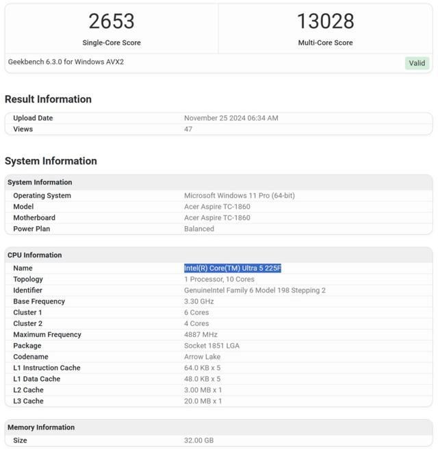 Core Ultra 5 225F处理器跑分曝光 整体性能媲美Core i5-13600插图6