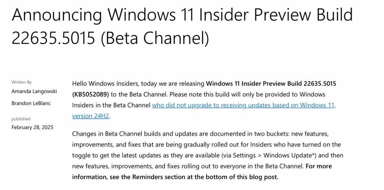 Win11 Beta 22635.5015预览版今日发布:附KB5052089完整更新日志插图