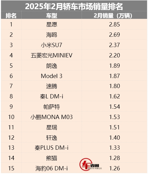 2月轿车销量丨小米SU7进前三，Model 3回暖，纯电小车受追捧插图2